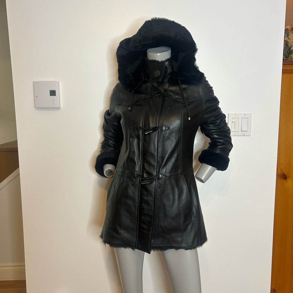Women's Black Leather Hooded Coat